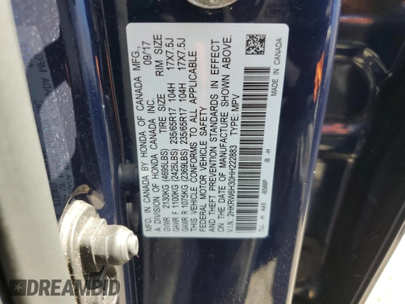 2017 Honda CR-V LX with VIN 2HKRW6H30HH222883, listed as a Copart auction lot 54750255 with 99,114 mi miles and Salvage Title. Bid and sale history available at DreamBid. Image 13.