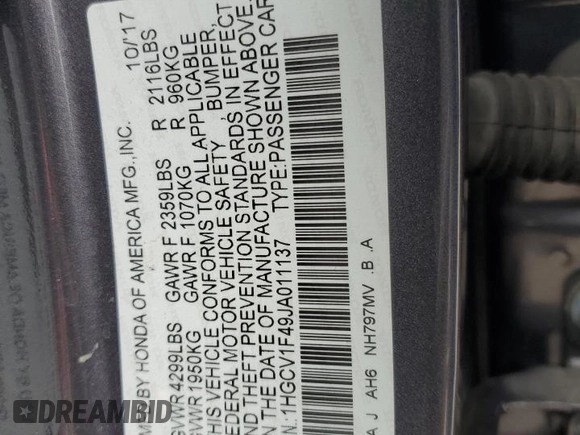 2018 Honda Accord EX z VIN 1HGCV1F49JA011137, wystawiony jako Copart lot #55746435 z przebiegiem 164 466 mil mil oraz Szkoda całkowita • Salvage title. Historia ofert i sprzedaży dostępna na DreamBid. Obrazek 12.