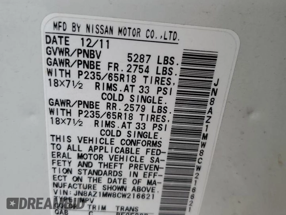 2012 Nissan Murano SV with VIN JN8AZ1MW8CW216621, listed as a Copart auction lot 43841924 with Not Provided miles and Salvage Title. Bid and sale history available at DreamBid. Image 13.