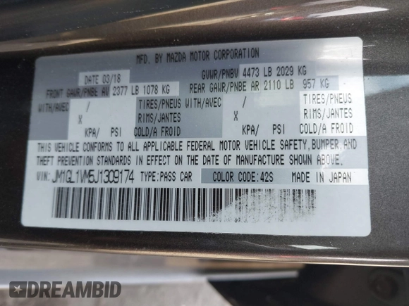 2018 Mazda Mazda6 Touring with VIN JM1GL1VM5J1309174, listed as a IAAI auction lot 41730175 with 107,423 mi miles. Bid and sale history available at carsss.com. Image 9.