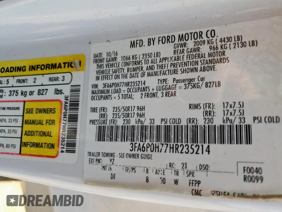 2017 Ford Fusion SE z VIN 3FA6P0H77HR235214, wystawiony jako Copart lot #63560815 z przebiegiem 273 965 mil mil oraz Szkoda całkowita • Salvage title. Historia ofert i sprzedaży dostępna na DreamBid. Obrazek 12.