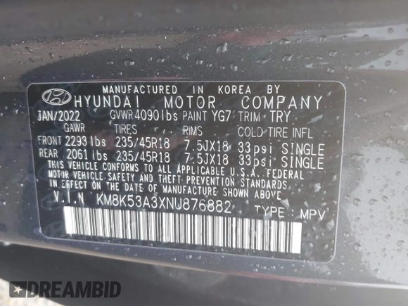 2022 Hyundai Kona Limited with VIN KM8K53A3XNU876882, listed as a IAAI auction lot 41223202 with 40,008 mi miles. Bid and sale history available at carsss.com. Image 9.
