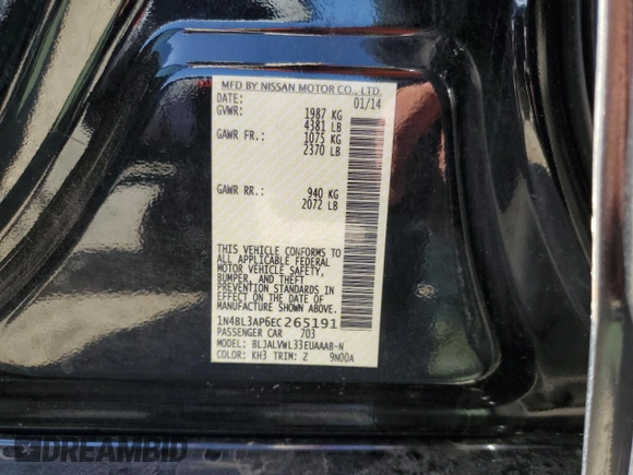 2014 Nissan Altima SL z VIN 1N4BL3AP6EC265191, wystawiony jako Copart lot #58094505 z przebiegiem Nie podano mil oraz Szkoda całkowita • Salvage title. Historia ofert i sprzedaży dostępna na DreamBid. Obrazek 12.