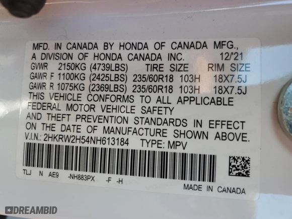 2022 Honda CR-V EX with VIN 2HKRW2H54NH613184, listed as a Copart auction lot 47480775 with 27,235 mi miles and Salvage Title. Bid and sale history available at carsss.com. Image 14.