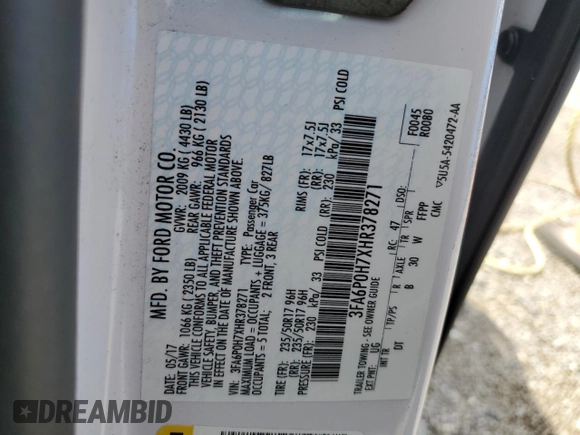 2017 Ford Fusion SE with VIN 3FA6P0H7XHR378271, listed as a Copart auction lot 53366995 with 102,354 mi miles and Salvage title. Bid and sale history available at DreamBid. Image 12.