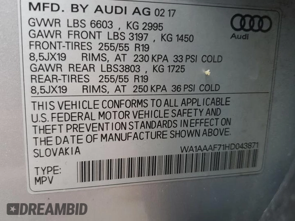 2017 Audi Q7 Premium with VIN WA1AAAF71HD043871, listed as a Copart auction lot 56669065 with 83,187 mi miles and Salvage title. Bid and sale history available at DreamBid. Image 12.