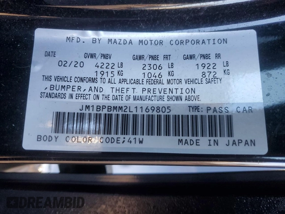 2020 Mazda 3 Preferred with VIN JM1BPBMM2L1169805, listed as a Copart auction lot 81674524 with 55,074 mi miles and Salvage title. Bid and sale history available at DreamBid. Image 13.