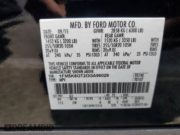 2016 Ford Explorer Sport with VIN 1FM5K8GT2GGA96029, listed as a Copart auction lot 61100915 with 107,923 mi miles and Salvage title. Bid and sale history available at DreamBid. Image 13.
