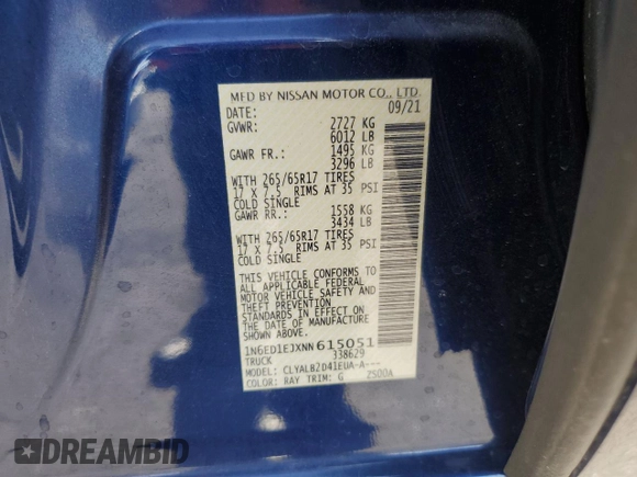 2022 Nissan Frontier S with VIN 1N6ED1EJXNN615051, listed as a Copart auction lot 54956615 with 46,826 mi miles and Salvage title. Bid and sale history available at DreamBid. Image 12.