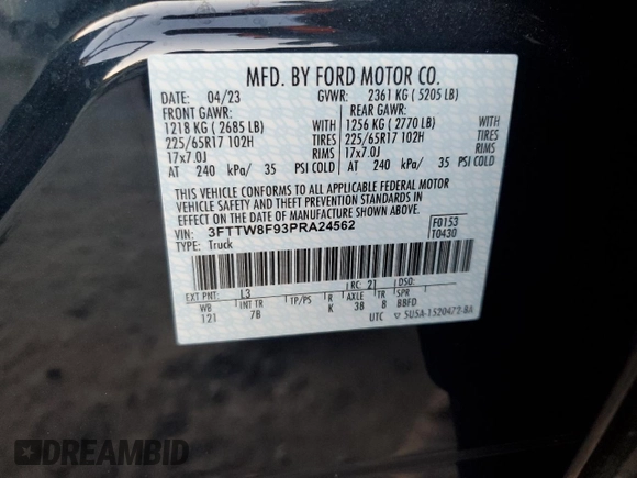 2023 Ford Maverick XL with VIN 3FTTW8F93PRA24562, listed as a Copart auction lot 77550714 with 7,972 mi miles and Salvage title. Bid and sale history available at DreamBid. Image 13.