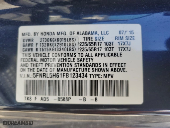 2015 Honda Odyssey EX-L with VIN 5FNRL5H61FB123434, listed as a Copart auction lot 49505115 with 151,739 mi miles and Salvage Title. Bid and sale history available at carsss.com. Image 13.