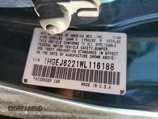 1998 Honda Civic DX with VIN 1HGEJ6221WL116188, listed as a Copart auction lot 47105105 with 50,017 mi miles and Salvage Title. Bid and sale history available at DreamBid. Image 14.