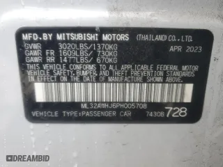 2023 Mitsubishi Mirage Black Edition with VIN ML32AWHJ6PH005708, listed as a Copart auction lot 76376094 with 15,731 mi miles and Salvage Title. Bid and sale history available at carsss.com. Image 14.