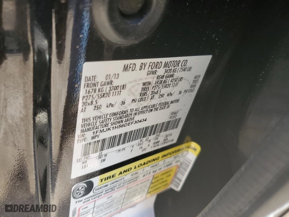 2013 Ford Expedition EL XLT with VIN 1FMJK1H56DEF30434, listed as a Copart auction lot 58162914 with 0 mi miles and Salvage Title. Bid and sale history available at carsss.com. Image 12.