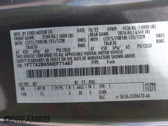 2022 Ford F-250 XL с VIN 1FT7X2B65NEF71467, выставлен на аукционе IAAI как лот 42193888 с пробегом 12 794 миль миль и . История ставок и продаж доступна на DreamBid. Изображение 9.