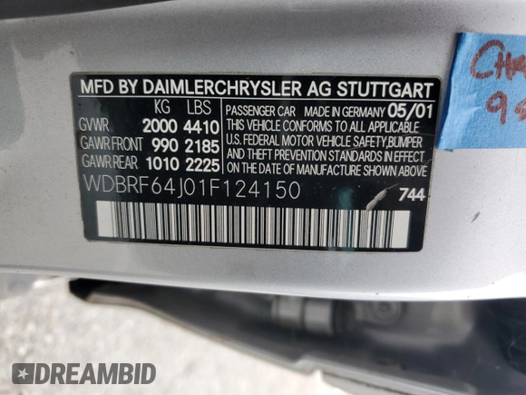 2001 Mercedes-Benz C 320 with VIN WDBRF64J01F124150, listed as a Copart auction lot 50624475 with Not Provided miles and Clean Title. Bid and sale history available at DreamBid. Image 13.