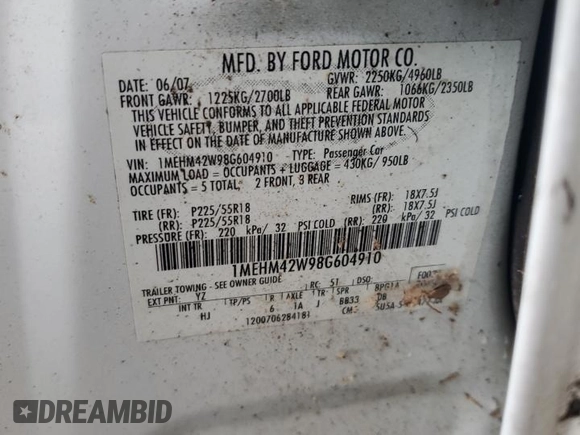 2008 Mercury Sable Premier с VIN 1MEHM42W98G604910, выставлен на аукционе Copart как лот 71080514 с пробегом 151 888 миль миль и Списание • Salvage title. История ставок и продаж доступна на DreamBid. Изображение 14.