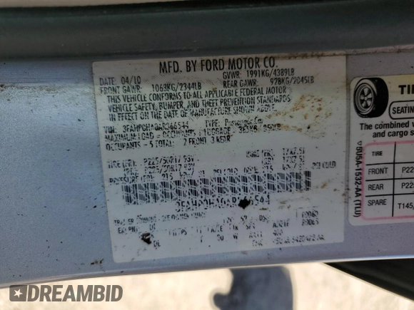 2010 Ford Fusion SE with VIN 3FAHP0HA0AR366544, listed as a Copart auction lot 48706745 with 154,819 mi miles and Salvage Title. Bid and sale history available at DreamBid. Image 15.