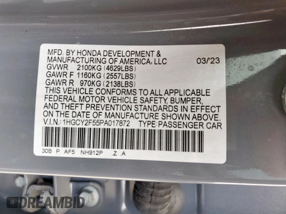 2023 Honda Accord Sport with VIN 1HGCY2F55PA017872, listed as a Copart auction lot 53795605 with 62,857 mi miles and Salvage title. Bid and sale history available at DreamBid. Image 12.