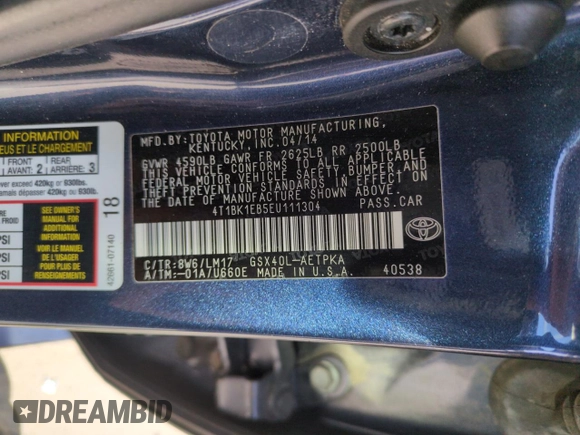 2014 Toyota Avalon Limited with VIN 4T1BK1EB5EU111304, listed as a Copart auction lot 52227635 with 133,805 mi miles and Salvage Title. Bid and sale history available at carsss.com. Image 12.