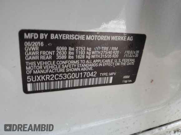 2016 BMW X5 sDrive35i with VIN 5UXKR2C53G0U17042, listed as a Copart auction lot 42026225 with 60,021 mi miles and Salvage Title. Bid and sale history available at carsss.com. Image 15.