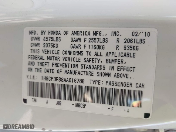 2010 Honda Accord Sdn EX-L with VIN 1HGCP3F88AA016788, listed as a IAAI auction lot 41794302 with 134,340 mi miles. Bid and sale history available at carsss.com. Image 9.