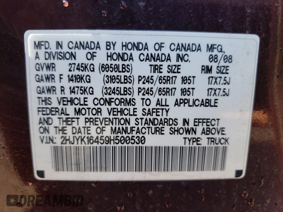 2009 Honda Ridgeline RTS with VIN 2HJYK16459H500530, listed as a Copart auction lot 72944764 with 87,047 mi miles and Salvage Title. Bid and sale history available at carsss.com. Image 12.