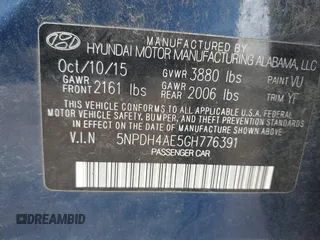 2016 Hyundai Elantra SE with VIN 5NPDH4AE5GH776391, listed as a IAAI auction lot 42082839 with 123,820 mi miles and . Bid and sale history available at DreamBid. Image 9.