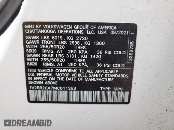 2021 Volkswagen Atlas SE with VIN 1V2RR2CA7MC611353, listed as a Copart auction lot 57562115 with 91,619 mi miles and Salvage title. Bid and sale history available at DreamBid. Image 13.