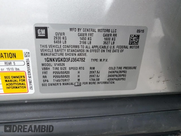 2015 Chevrolet Traverse LT with VIN 1GNKVGKD3FJ364782, listed as a Copart auction lot 45192055 with 112,975 mi miles and Clean Title. Bid and sale history available at DreamBid. Image 13.