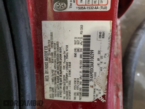2010 Ford Fusion SPORT with VIN 3FAHP0DC0AR100299, listed as a Copart auction lot 44849465 with 194,060 mi miles and Salvage Title. Bid and sale history available at carsss.com. Image 12.