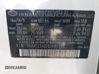 2020 Hyundai Santa Fe SE with VIN 5NMS23AD1LH197383, listed as a IAAI auction lot 42001946 with 47,844 mi miles. Bid and sale history available at carsss.com. Image 9.