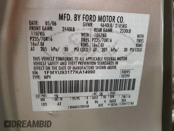 2007 Ford Escape XLT with VIN 1FMYU93177KA14990, listed as a Copart auction lot 77816054 with 202,901 mi miles and Clean Title. Bid and sale history available at carsss.com. Image 13.