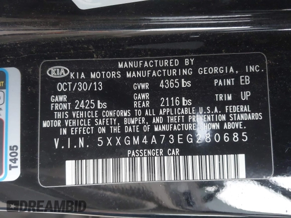 2014 Kia Optima LX with VIN 5XXGM4A73EG280685, listed as a IAAI auction lot 41190691 with 153,957 mi miles. Bid and sale history available at carsss.com. Image 9.