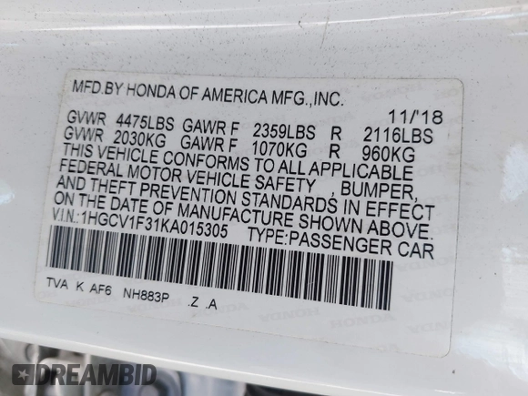 2019 Honda Accord Sedan Sport 1.5T with VIN 1HGCV1F31KA015305, listed as a IAAI auction lot 42094496 with 84,794 mi miles. Bid and sale history available at carsss.com. Image 9.