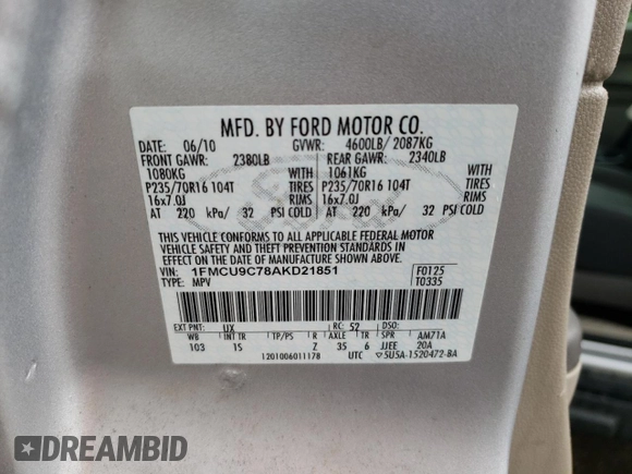 2010 Ford Escape XLS with VIN 1FMCU9C78AKD21851, listed as a Copart auction lot 61444945 with 70,404 mi miles and Clean title. Bid and sale history available at DreamBid. Image 13.
