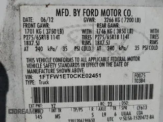 2012 Ford F-150 XL with VIN 1FTFW1ET0CKE02451, listed as a Copart auction lot 52350265 with 270,899 mi miles and Salvage Title. Bid and sale history available at carsss.com. Image 14.