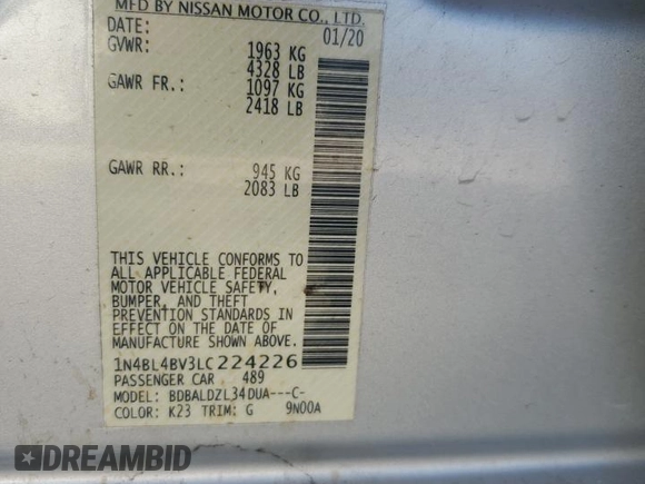 2020 Nissan Altima S z VIN 1N4BL4BV3LC224226, wystawiony jako Copart lot #48576975 z przebiegiem 145 134 mil mil oraz Szkoda całkowita • Salvage title. Historia ofert i sprzedaży dostępna na DreamBid. Obrazek 13.