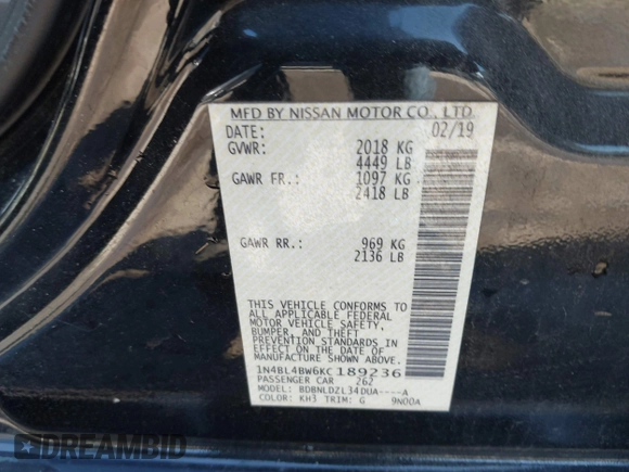 2019 Nissan Altima 2.5 S with VIN 1N4BL4BW6KC189236, listed as a IAAI auction lot 40638145 with 147,457 mi miles. Bid and sale history available at carsss.com. Image 9.