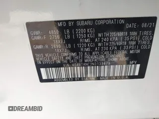 2022 Subaru Outback Limited with VIN 4S4BTANC2N3133479, listed as a IAAI auction lot 42496086 with 43,568 mi miles and . Bid and sale history available at DreamBid. Image 9.