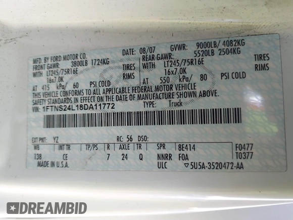 2008 Ford Econoline Cargo Commercial with VIN 1FTNS24L18DA11772, listed as a IAAI auction lot 41025371 with 223,532 mi miles and . Bid and sale history available at DreamBid. Image 9.