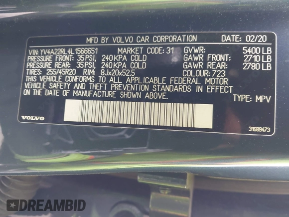 2020 Volvo XC60 Inscription with VIN YV4A22RL4L1566651, listed as a IAAI auction lot 42058491 with 48,597 mi miles and . Bid and sale history available at DreamBid. Image 9.