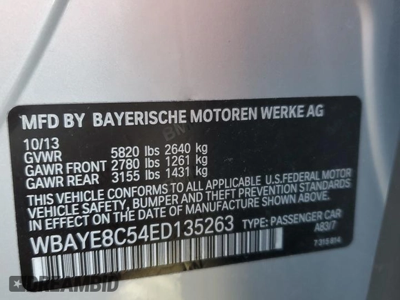 2014 BMW 7 Series ALPINA B7 with VIN WBAYE8C54ED135263, listed as a Copart auction lot 46452435 with 138,731 mi miles and Salvage title. Bid and sale history available at DreamBid. Image 12.