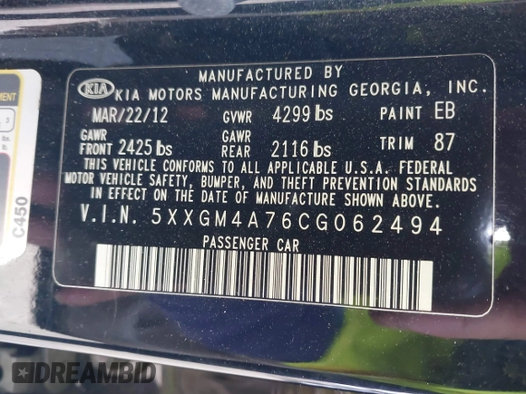 2012 Kia Optima LX with VIN 5XXGM4A76CG062494, listed as a IAAI auction lot 41316241 with 156,048 mi miles and . Bid and sale history available at carsss.com. Image 9.