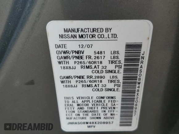 2008 Infiniti FX with VIN JNRAS08W48X208957, listed as a Copart auction lot 56516525 with 227,167 mi miles and Clean Title. Bid and sale history available at DreamBid. Image 13.