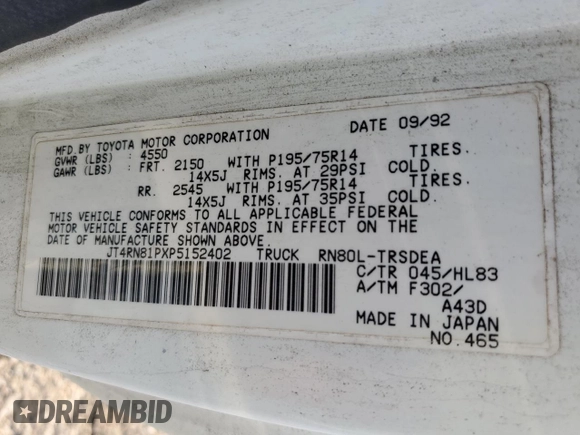 1993 Toyota Pickup DX with VIN JT4RN81PXP5152402, listed as a Copart auction lot 79282654 with 37,170 mi miles and Clean title. Bid and sale history available at DreamBid. Image 12.