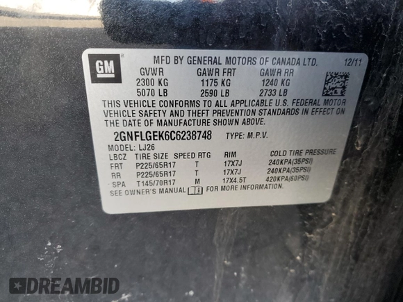 2012 Chevrolet Equinox LTZ with VIN 2GNFLGEK6C6238748, listed as a Copart auction lot 48250515 with 151,285 mi miles and Non Repairable. Bid and sale history available at carsss.com. Image 15.
