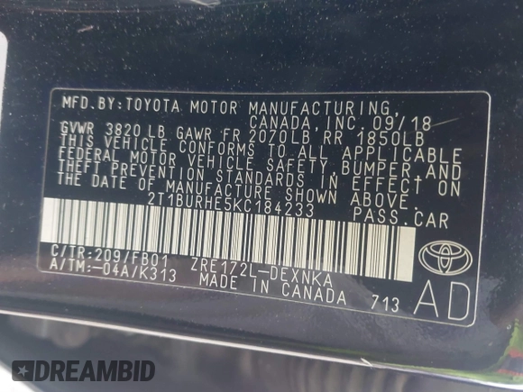 2019 Toyota Corolla L z VIN 2T1BURHE5KC184233, wystawiony jako IAAI lot #41810671 z przebiegiem 127 043 mil mil oraz . Historia ofert i sprzedaży dostępna na DreamBid. Obrazek 9.