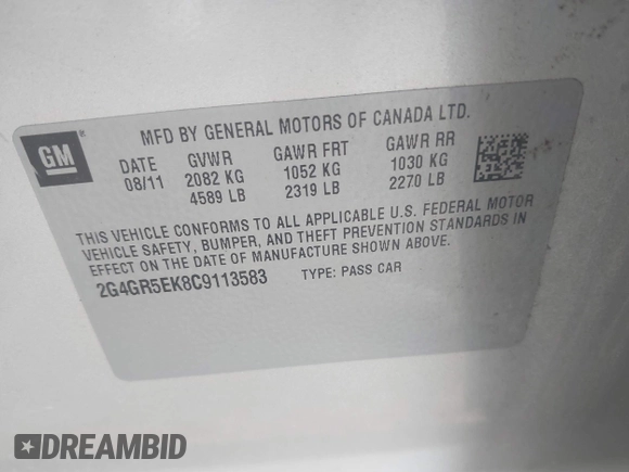 2012 Buick Regal с VIN 2G4GR5EK8C9113583, выставлен на аукционе IAAI как лот 40410508 с пробегом 124 351 миль миль и . История ставок и продаж доступна на DreamBid. Изображение 9.