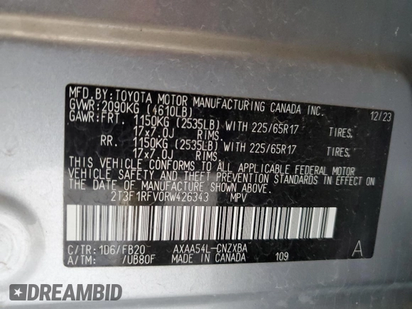2024 Toyota RAV4 LE with VIN 2T3F1RFV0RW426343, listed as a Copart auction lot 52283475 with 22,519 mi miles and Non Repairable. Bid and sale history available at carsss.com. Image 13.